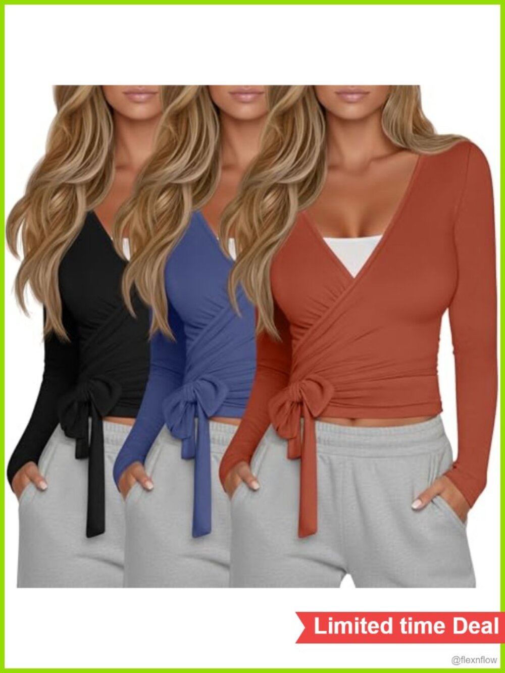 Pilates Wrap Tops Ballet Tie 3 Pack Long Sleeve Women's Workout